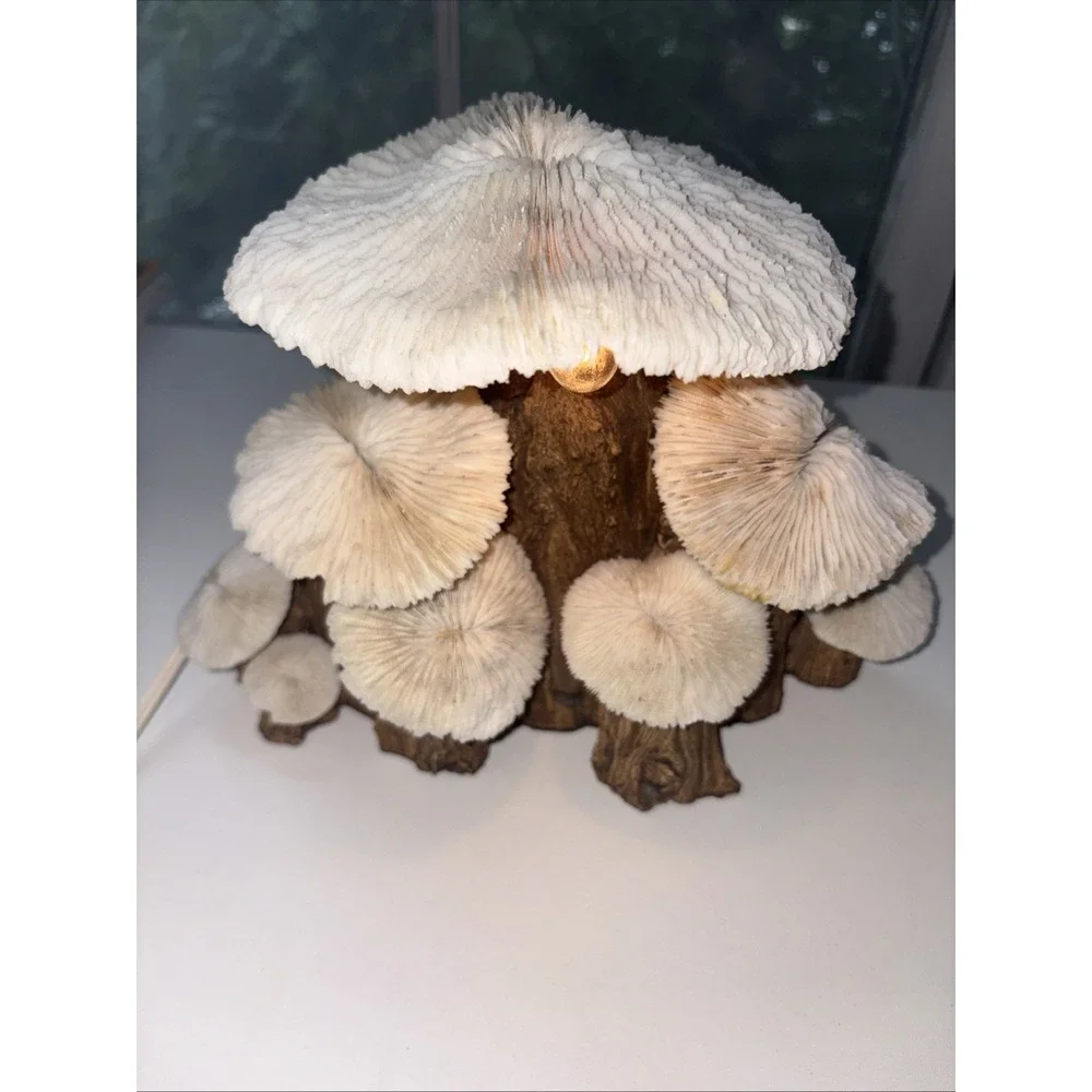 Vintage Coral & Wood Mushroom 1970's Lamp